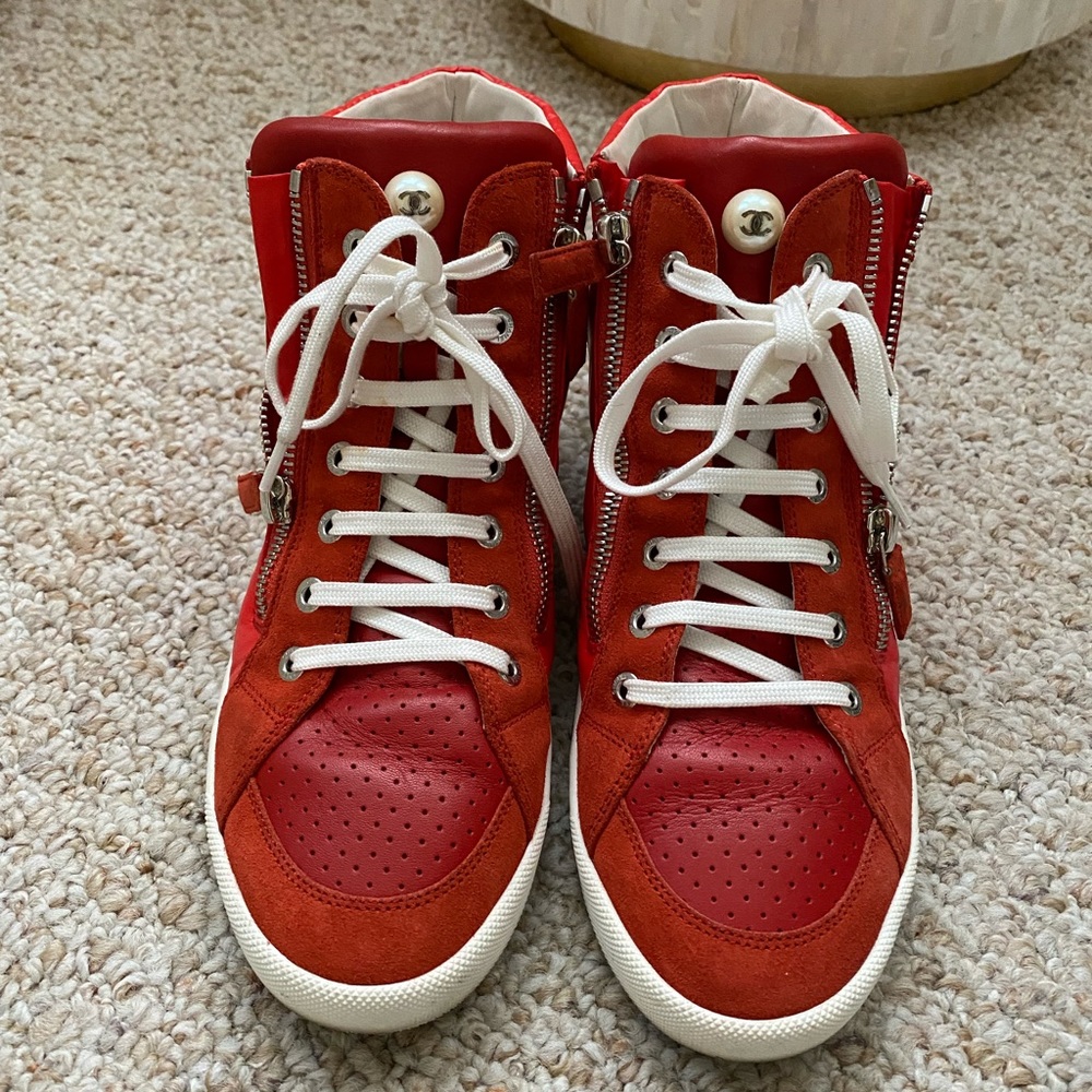 CHANEL RED HIGHTOP SNEAKERS